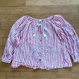 Anthropologie embroidered red long sleeve top